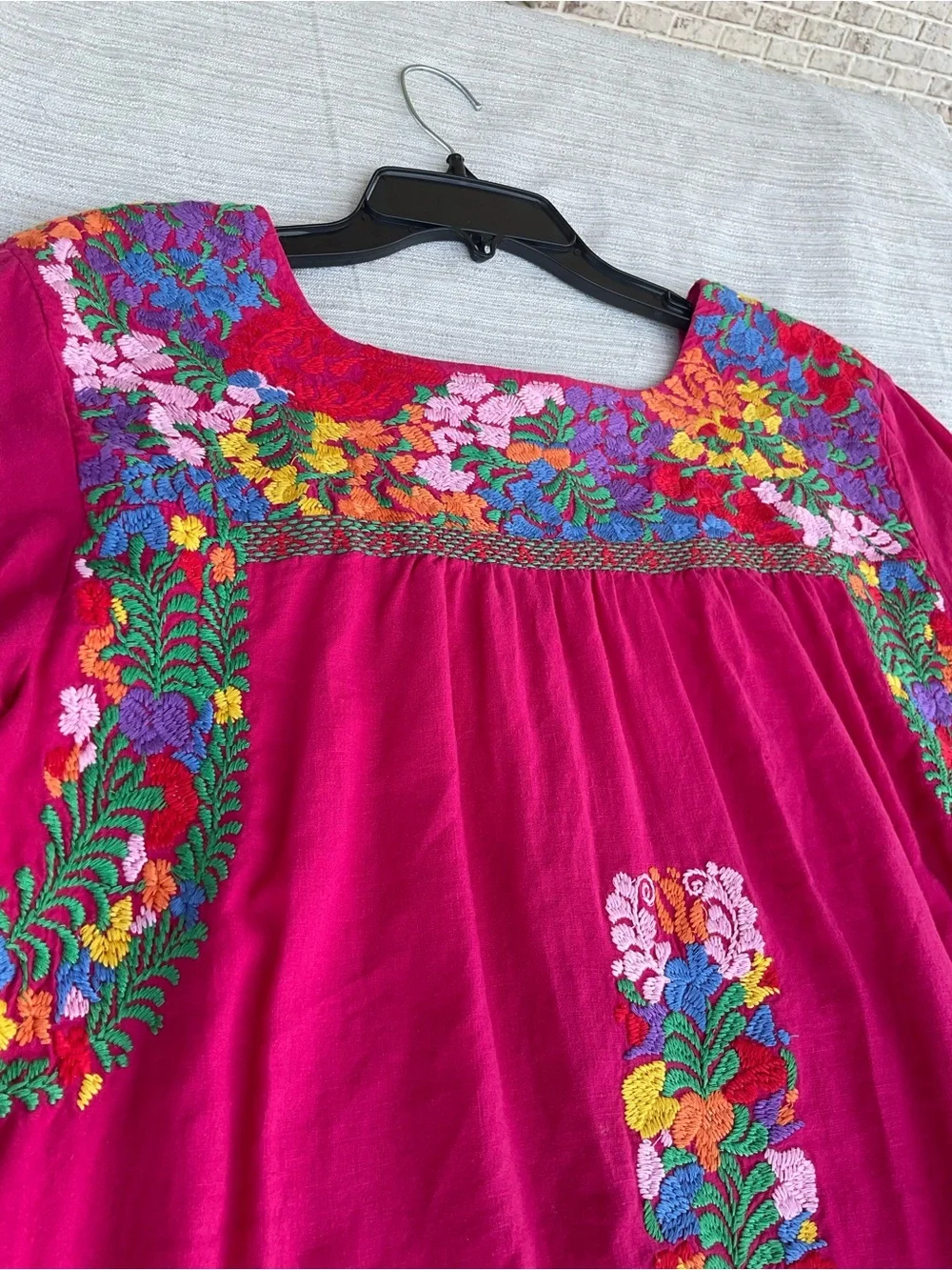 Small Linen‎ blend embroidered hot pink fuchsia dress with pockets boho resort